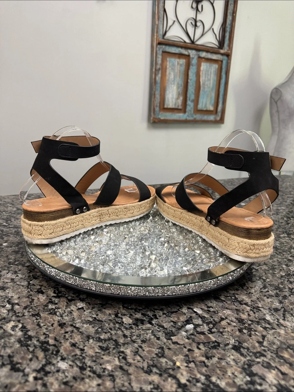 Black Platform Espadrille Sandals with Ankle Strap EUC 8.5